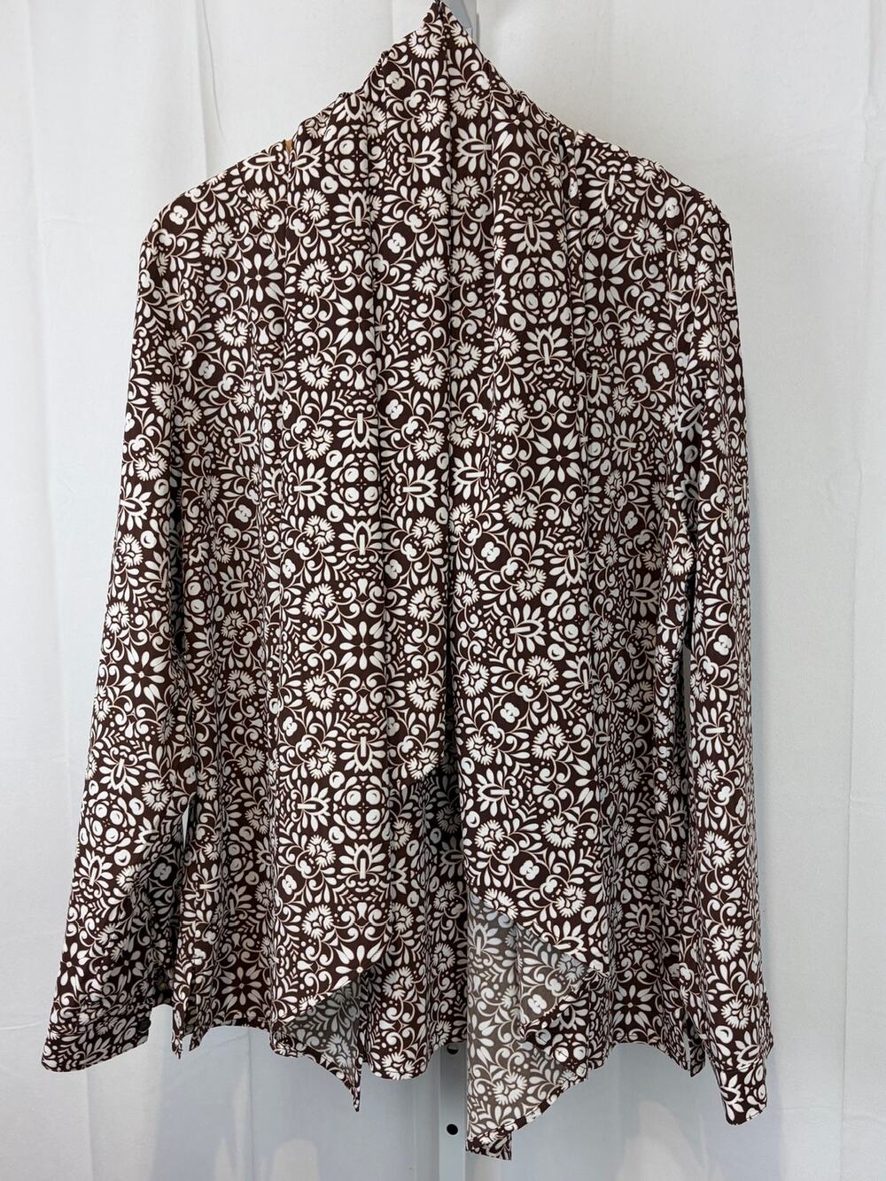 COOLIBAR Floral Chillon Blouse 10254 Long Sleeve Top w Tie UPF 50+ Brown White L